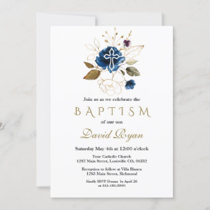 Invitación Glam Navy Blue Gold Floral Cruz blanca Bautismo