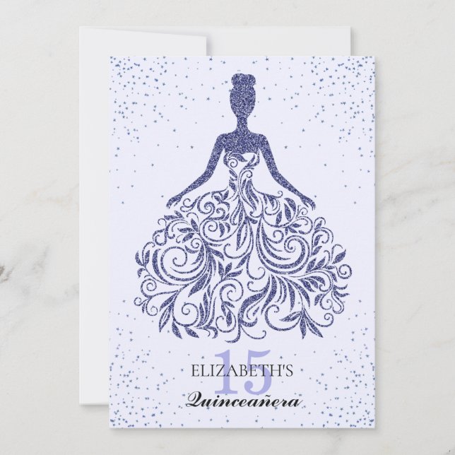 Invitación Glam Navy Blue Sparkle Vestido Purpurina Quinceañe (Anverso)