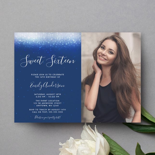 Invitación Glam Navy Blue Sweet 16 Foto (Subido por el creador)