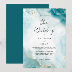 Invitación Glam Navy Blue Watercolor Gold Fluid Ink Boda
