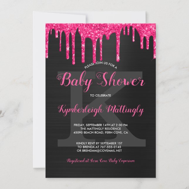 Invitación Glam negro Purpurina rosado caliente gotea diversi (Anverso)