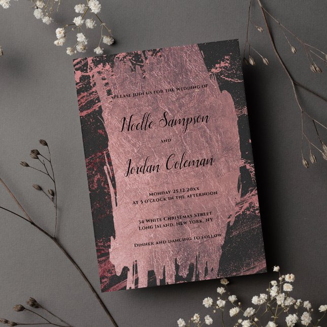 Invitación Glam negro rosa cepillo de oro derrame boda de már (Glam black rose gold brush stroke marble wedding )