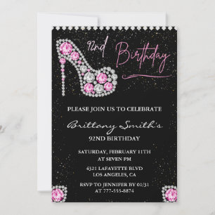 Invitación Glam Negro Rosa Plateado Cumpleaños 92 Diamante