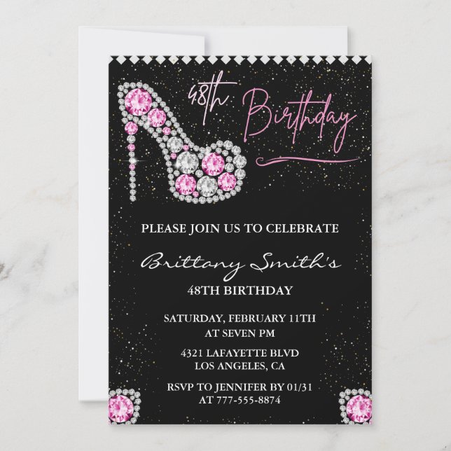 Invitación Glam Negro Rosa Plateado Diamante 48 cumpleaños (Anverso)