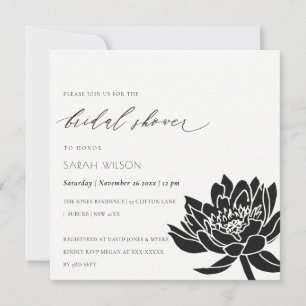 Invitación Glam Negro y Blanco Lotus Floral Lluvia Nupcial