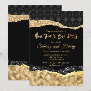 Invitación Glam negro y oro llora a Fiesta de Nochevieja