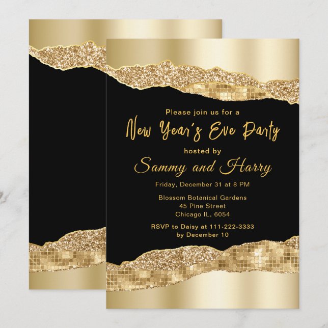 Invitación Glam negro y oro llora a Fiesta de Nochevieja (Anverso / Reverso)