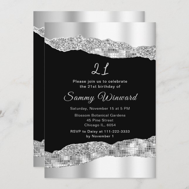 Invitación Glam negro y plata lloran fiesta de cumpleaños (Anverso / Reverso)