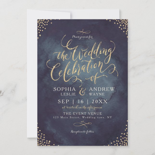 Invitación Glam night faux gold purpurina calligraphy boda (Anverso)