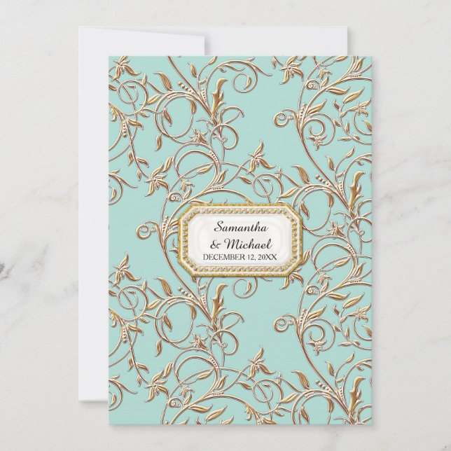 Invitación Glam Old Hollywood Regency Gold Foliage Aqua (Anverso)