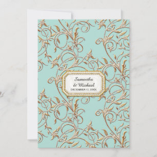 Invitación Glam Old Hollywood Regency Gold Foliage Aqua
