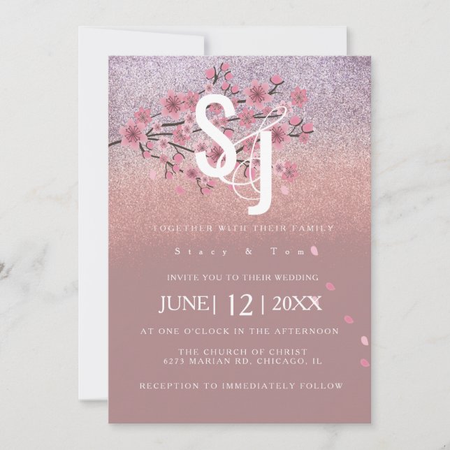Invitación Glam Ombré Cherry Blossom Tree Petals Boda (Anverso)