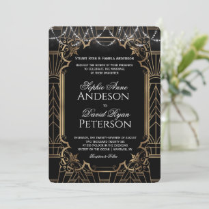 Invitación Glam Oro Gran Gatsby Negro Art Deco 20s Boda
