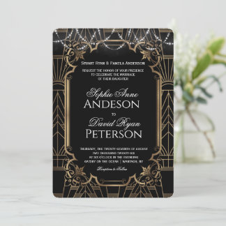 Invitación Glam Oro Gran Gatsby Negro Art Deco 20s Boda
