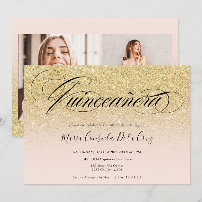 Invitación Glam oro purpurina escritura oscura rosada quincea (Anverso / Reverso)
