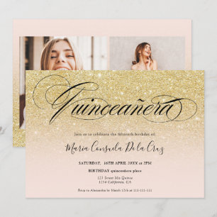 Invitación Glam oro purpurina escritura oscura rosada quincea