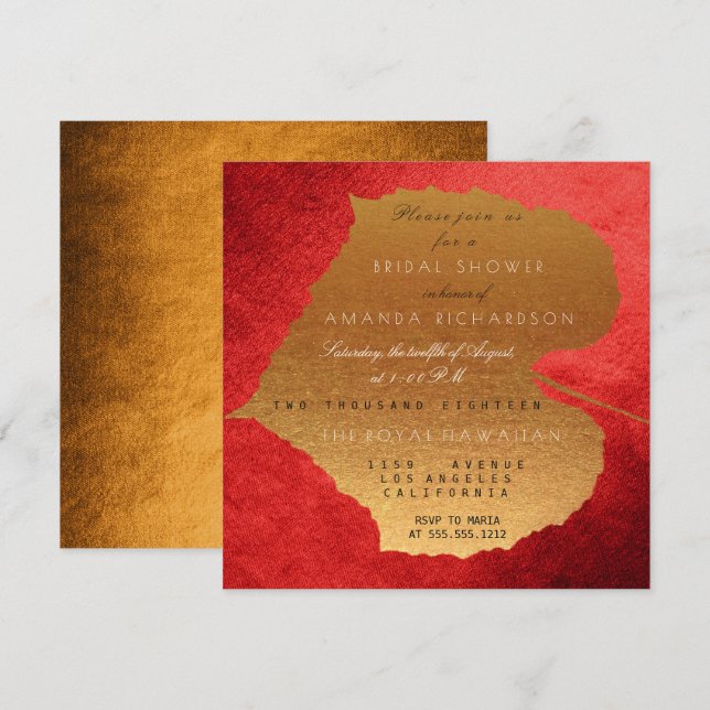Invitación Glam Otoño Caída Rojo Hojas de Oro Ducha Bridal (Anverso / Reverso)