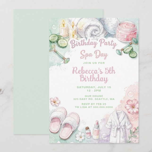 Invitación Glam Pamper Spa Fiesta de Cumpleaños (Anverso / Reverso)