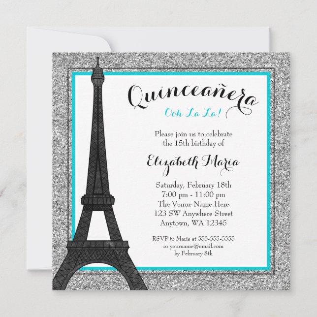 Invitación Glam Paris Faux Silver Purpurina Quinceanera (Anverso)