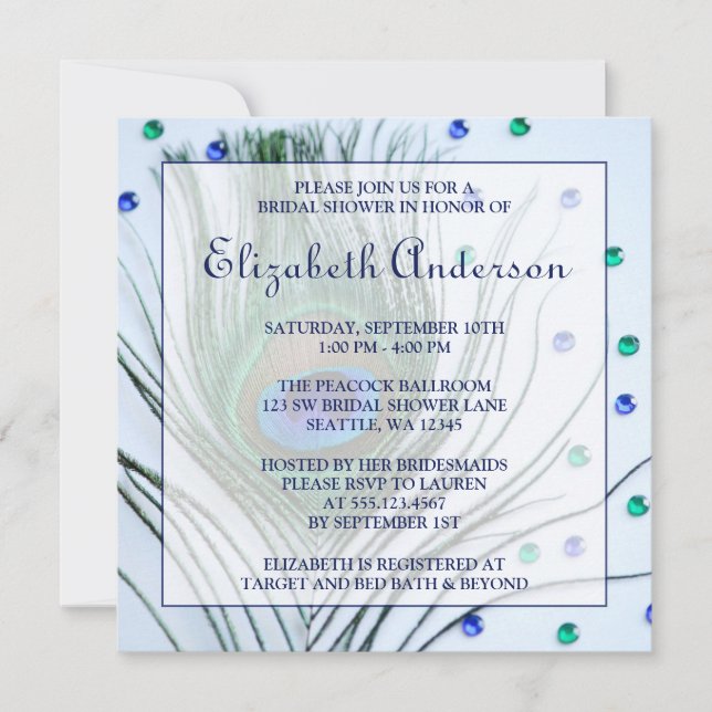 Invitación Glam Peacock Feather Blue Bridal Shower (Anverso)