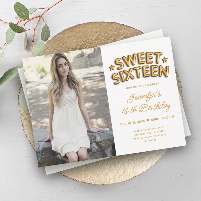 Invitación Glam Photo Gold Globos blancos dulces 16 (Glam Photo Gold White Balloons Sweet 16 Invitation)