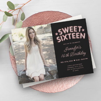 Invitación Glam Photo Rosa Gold Black Balloons Sweet 16
