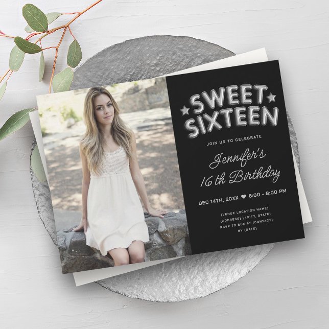 Invitación Glam Photo Silver Black Balloons Sweet 16 (Glam Photo Silver Black Balloons Sweet 16 Invitation)