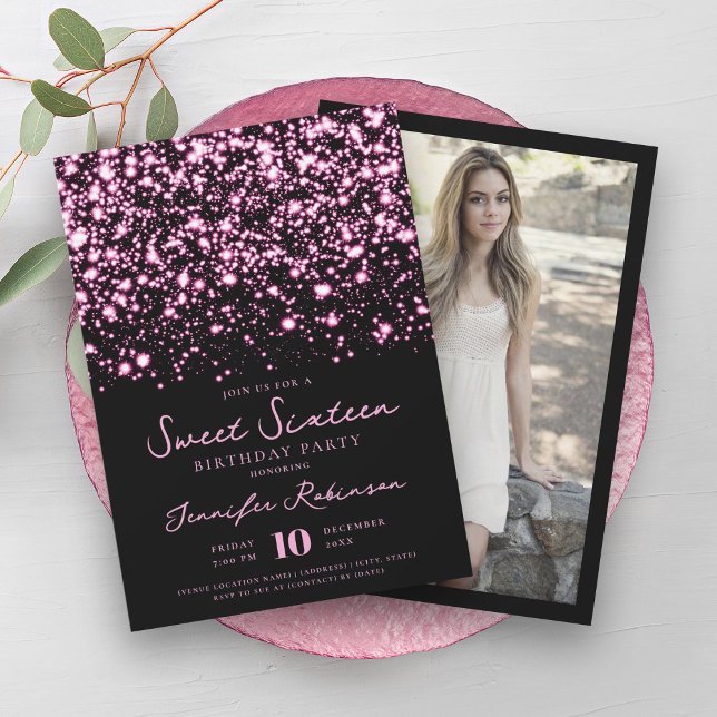 Invitación Glam Photo Sweet 16 (Hot Pink Midnight Glam Photo Sweet 16 Invitation)