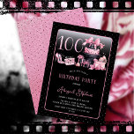 Invitación Glam Pink Black Fashion 100th Birthday Party<br><div class="desc">Glamoroso diseño de 100 años inspirado en la costura francesa, rosa y negro, con pasteles de gorra, estilettos rosas y una bolsa de maquillaje entre varios regalos de cumpleaños sin abrir y deliciosos pastelitos. Perfecto para celebrar fiestas de cumpleaños. La edad se crea en un tipo de letra falso purpurina...</div>