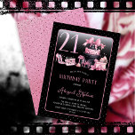 Invitación Glam Pink Black Fashion 21st Birthday Fiesta<br><div class="desc">El glamuroso diseño de 21 años, inspirado en la costura francesa, rosa y negro, incluye un pastel de caja gorra, un estilete rosa y una bolsa de maquillaje entre varios regalos de cumpleaños sin abrir y deliciosos pastelitos. Perfecto para celebrar fiestas de cumpleaños. La edad se crea en un tipo...</div>