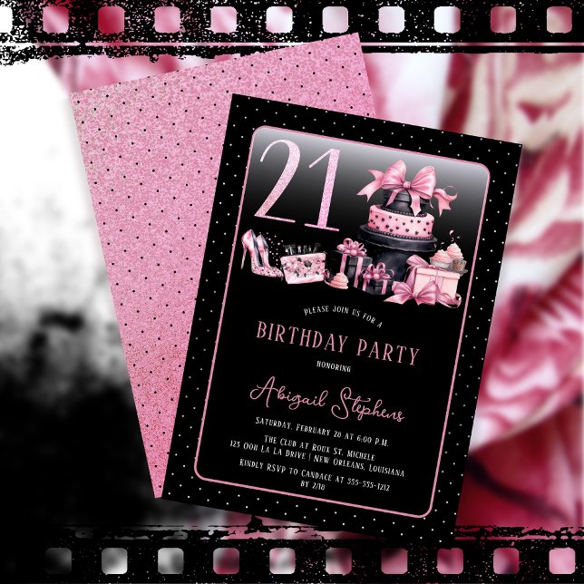 Invitación Glam Pink Black Fashion 21st Birthday Fiesta (Glam Pink and Black French Couture Fashion 21st Birthday Party Invitation)
