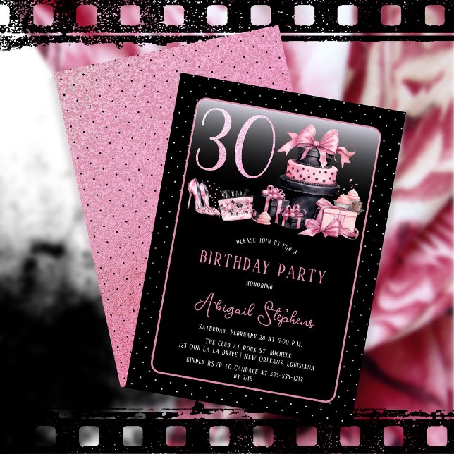 Invitación Glam Pink Black Fashion 30° Fiesta de cumpleaños (Glam Pink and Black French Couture Fashion 30th Birthday Party Invitation)