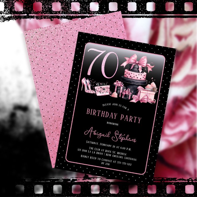 Invitación Glam Pink Black Fashion 70th Birthday Party (Glam Pink and Black French Couture Fashion 70th Birthday Party Invitation)