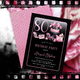 Invitación Glam Pink Black Fashion 80th Birthday Party