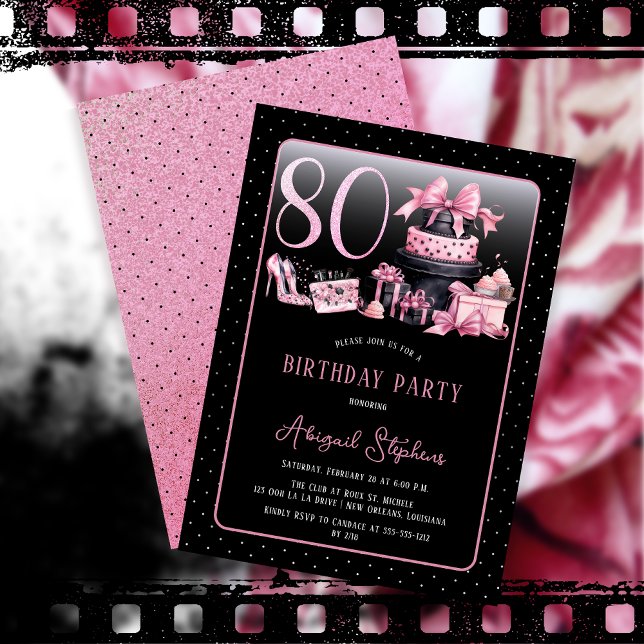 Invitación Glam Pink Black Fashion 80th Birthday Party (Glam Pink and Black French Couture Fashion 80th Birthday Party Invitation)