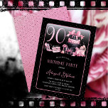 Invitación Glam Pink Black Fashion 90th Birthday Party<br><div class="desc">Glamoroso diseño de 90 años inspirado en la costura francesa, rosa y negro, con pasteles de gorra, estilettos rosas y una bolsa de maquillaje entre varios regalos de cumpleaños sin abrir y deliciosos quequitos. Perfecto para celebrar fiestas de cumpleaños. La edad se crea en un tipo de letra falso purpurina...</div>