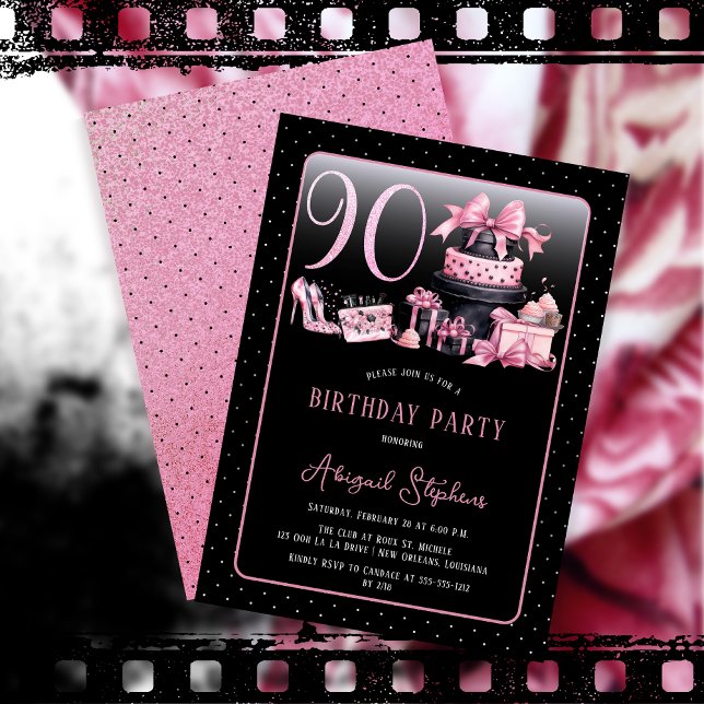Invitación Glam Pink Black Fashion 90th Birthday Party (Glam Pink and Black French Couture Fashion 90th Birthday Party Invitation)