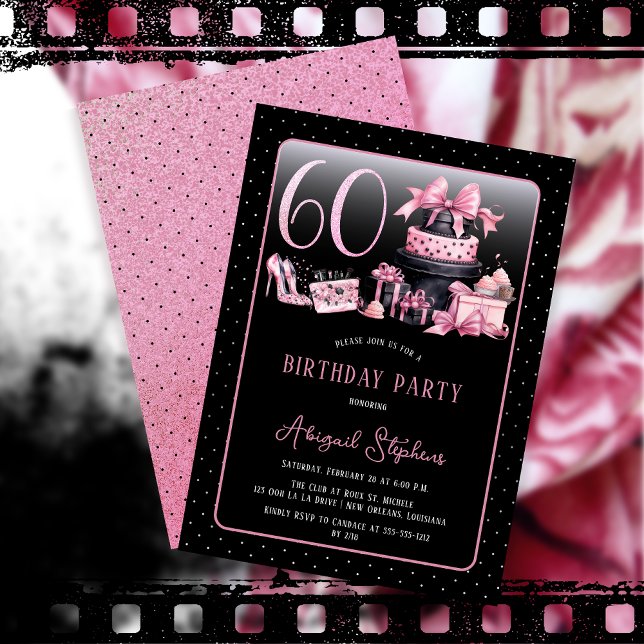 Invitación Glam Pink Black Fashion Fiesta de cumpleaños númer (Glam Pink and Black French Couture Fashion 60th Birthday Party Invitation)