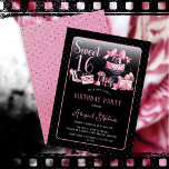 Invitación Glam Pink Black Fashion Sweet 16 cumpleaños fiesta<br><div class="desc">Glamoroso diseño de 16 años inspirado en la costura francesa, rosa y negro "Sweet 16" con pastel de caja de gorra, tacones rosados y una bolsa de maquillaje entre varios regalos de cumpleaños sin abrir y deliciosos quequitos. Perfecto para celebrar fiestas de cumpleaños. La edad se crea en un tipo...</div>