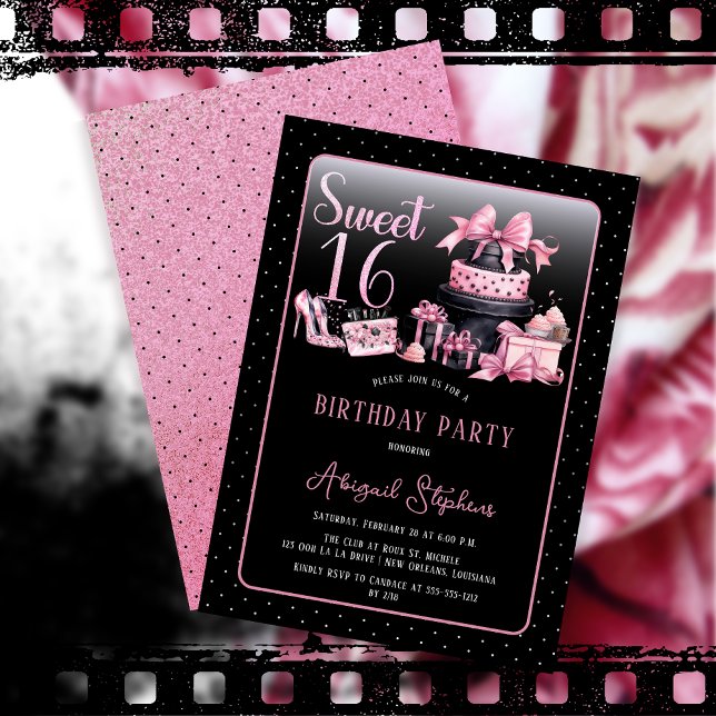 Invitación Glam Pink Black Fashion Sweet 16 cumpleaños fiesta (Glam Pink and Black French Couture Fashion Sweet 16 Birthday Party Invitation)
