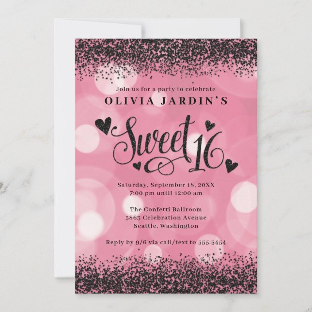 Invitación Glam Pink & Black Purpurina Sweet 16 (Anverso)