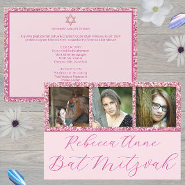 Invitación Glam Pink Elegant Script 3 Photo Bat Mitzvah