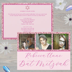 Invitación Glam Pink Elegant Script 3 Photo Bat Mitzvah