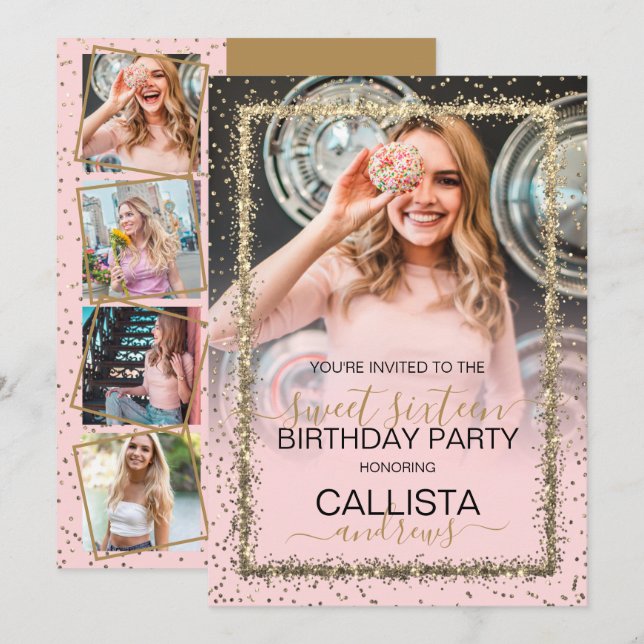 Invitación Glam Pink Gold Confetti Border Photo Sweet 16 (Anverso / Reverso)