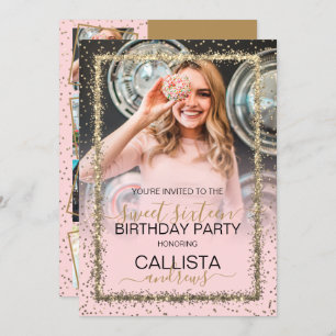 Invitación Glam Pink Gold Confetti Border Photo Sweet 16