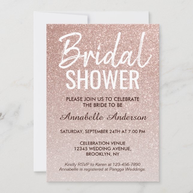 Invitación Glam Pink Rose Gold Purpurina Sparkle Bridal Showe (Anverso)