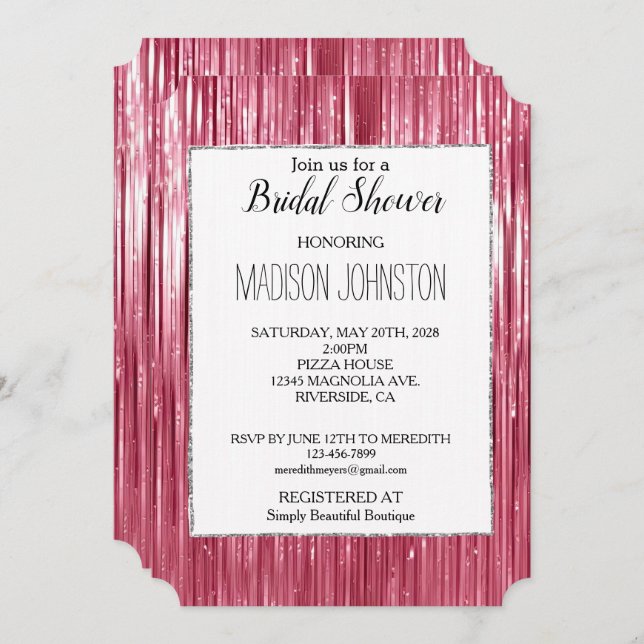 Invitación Glam Pink Sparkle Stripes Bripes Shower (Anverso / Reverso)