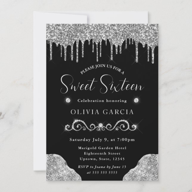 Invitación Glam Plata Brillante Glitter Dulce 16 (Anverso)