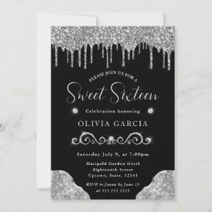 Invitación Glam Plata Brillante Glitter Dulce 16