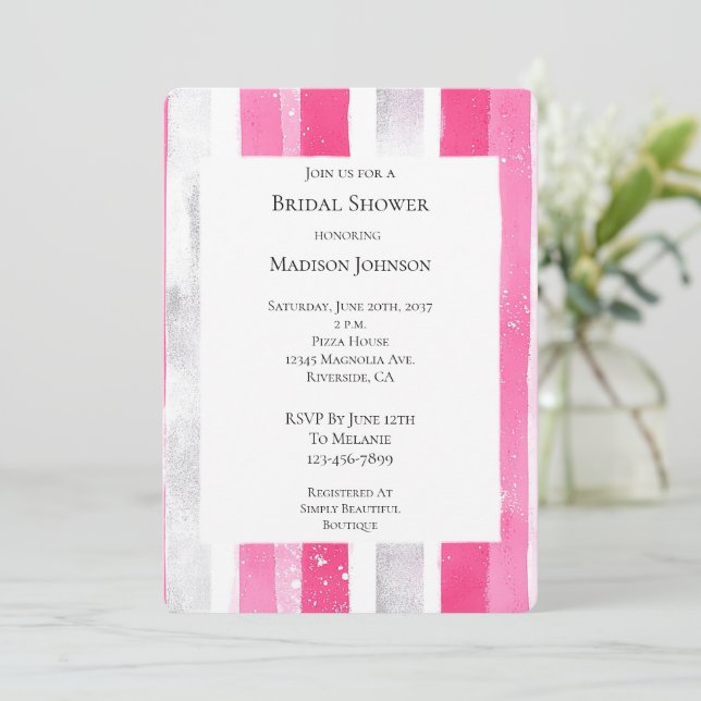Invitación Glam Plata Rosa Stripes Bripes Ducha Británica (Anverso de pie)